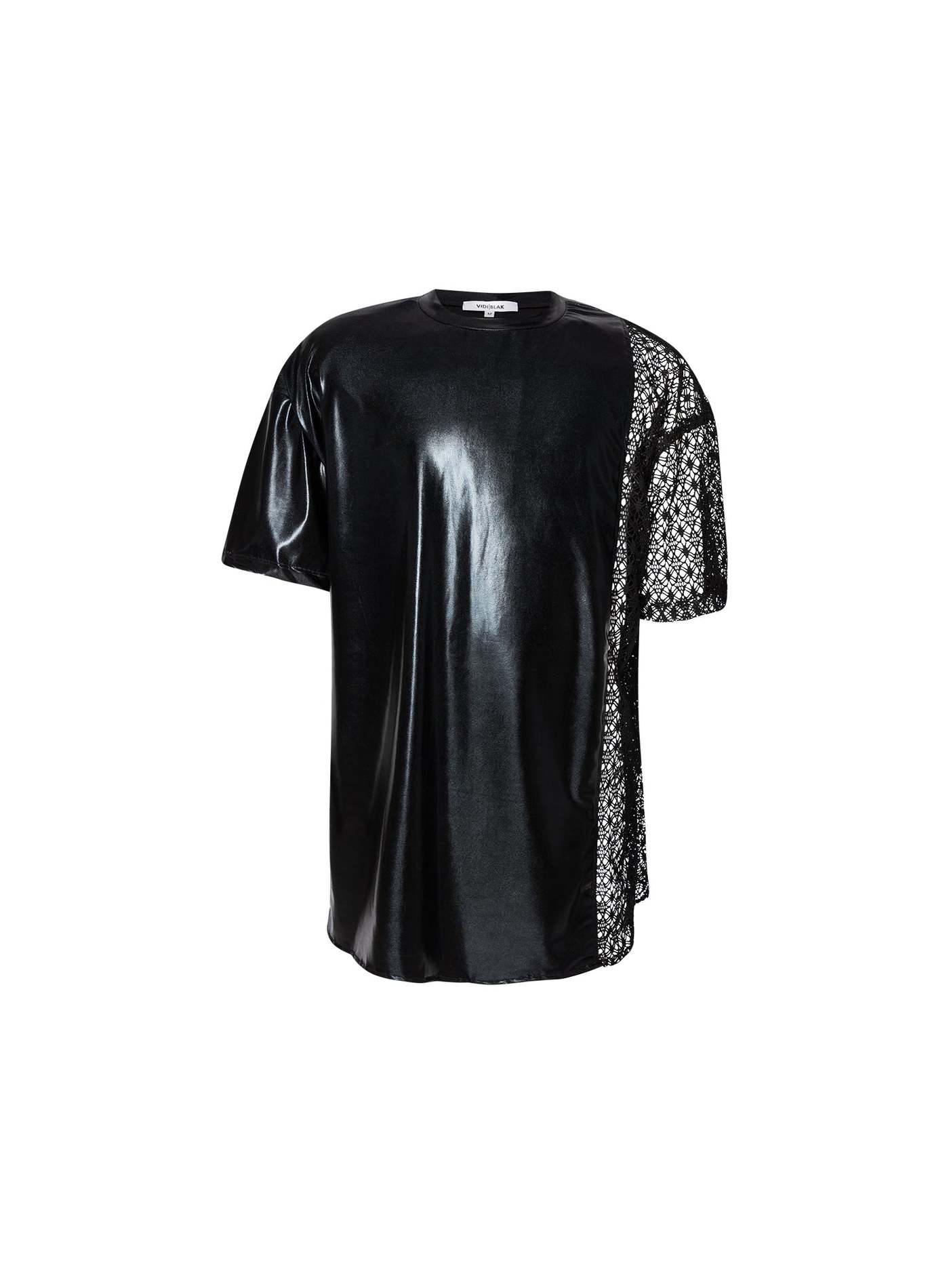 Black Vegan Leather and Lace Top Designer menswear, designer top, HIS, Men's Fashion, mens t-shirt, Menswear, Men’s designer clothing, on-sample-sale, t-shirt, top, vegan leather top, womenswear Vidi Blak 