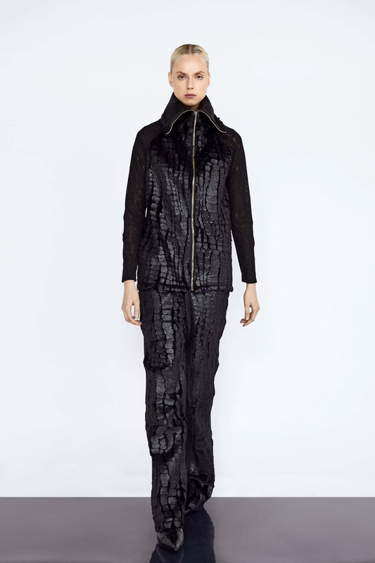 Faux Fur Pangolin Racer Jacket and Trousers Set fauxfur, hers, highendfashion, jacketsandtrousers, mesh, organiccotton, organicsilk, outfit set, pangolinracer, sustainablefashion, womanswear Vidi Blak 