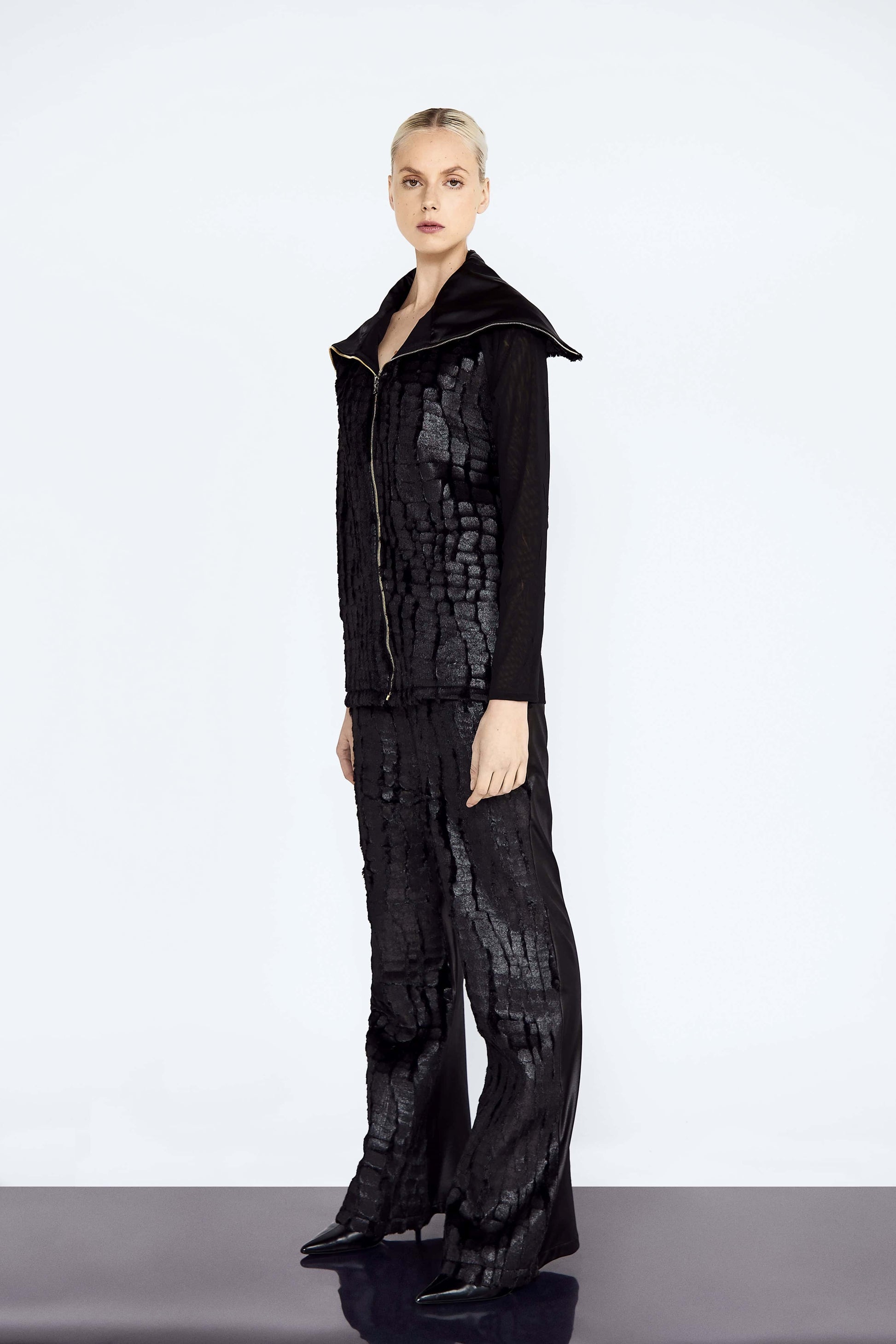 Faux Fur Pangolin Racer Jacket and Trousers Set fauxfur, hers, highendfashion, jacketsandtrousers, mesh, organiccotton, organicsilk, outfit set, pangolinracer, sustainablefashion, womanswear Vidi Blak 