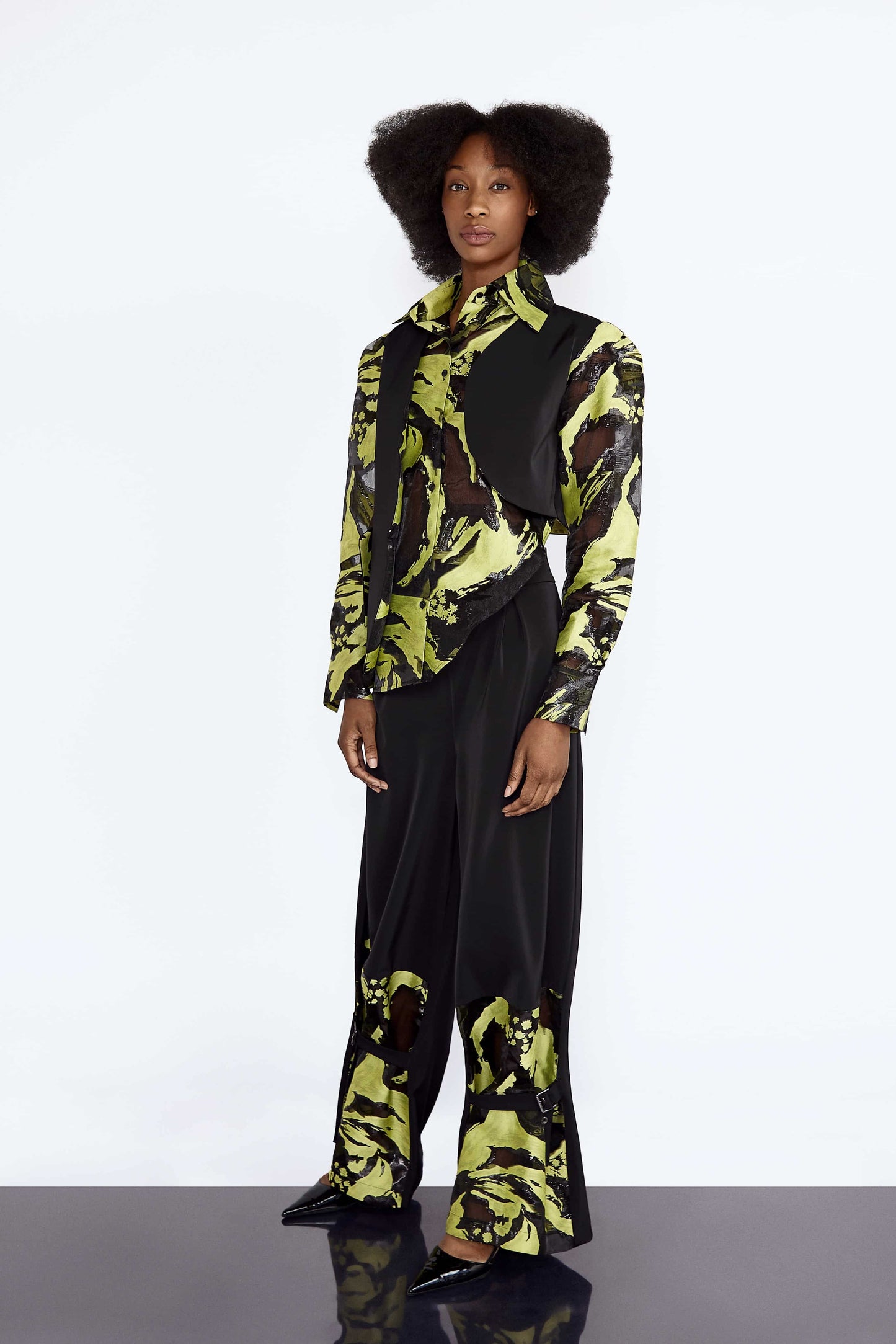 Lime Jacquard Organza Shirt and Black Nylon Trouser Set black nylon, designer wear, hers, lime jacquard, organza shirt, trouser set, two-piece set, womenswear Vidi Blak 