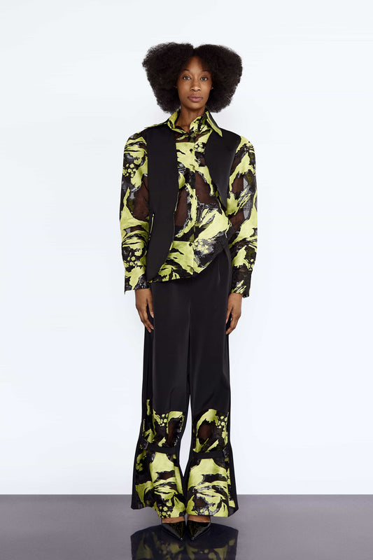 Lime Jacquard Organza Shirt and Black Nylon Trouser Set black nylon, designer wear, hers, lime jacquard, organza shirt, trouser set, two-piece set, womenswear Vidi Blak 