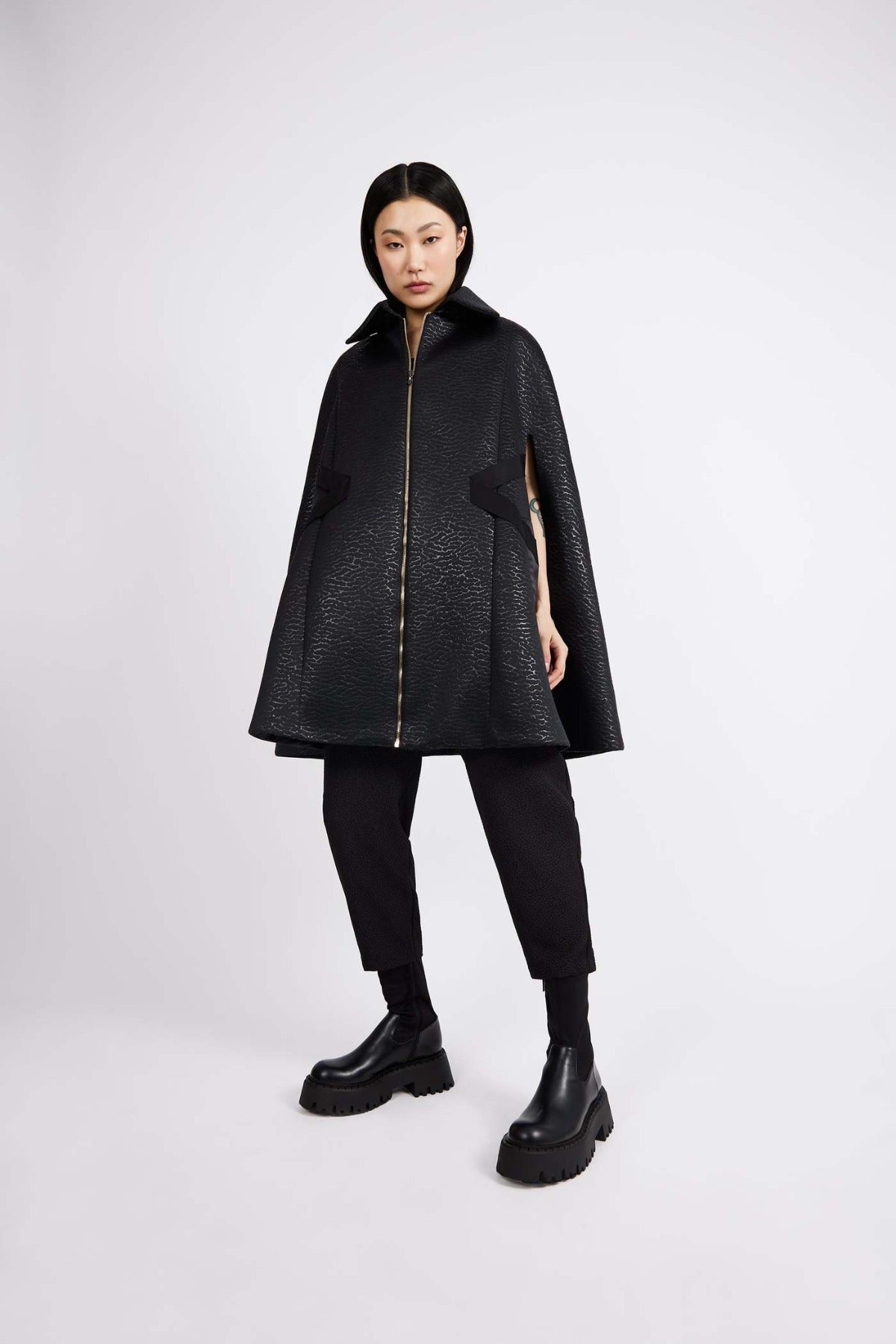 Metallic  Print Neoprene Cape Black Printed Neoprene Cape Coat, 