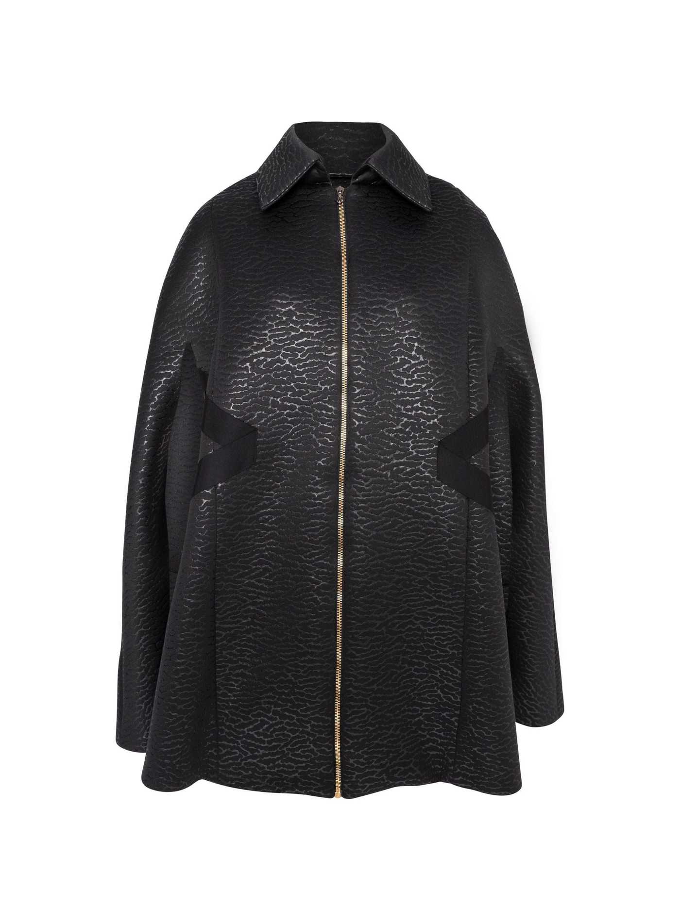 Metallic  Print Neoprene Cape Black Printed Neoprene Cape Coat, blackcoat capecoat metallicanimalprint neoprene, chicstyle, Couture Fashion, Evening Wear, fashiontrend, HERS, High-End Attire, Jacket, Luxury Outerwear, Modern Classic, outerwear, Vidi Blak Collection, Women's Fashion, womenfashion, womenstyle Vidi Blak 