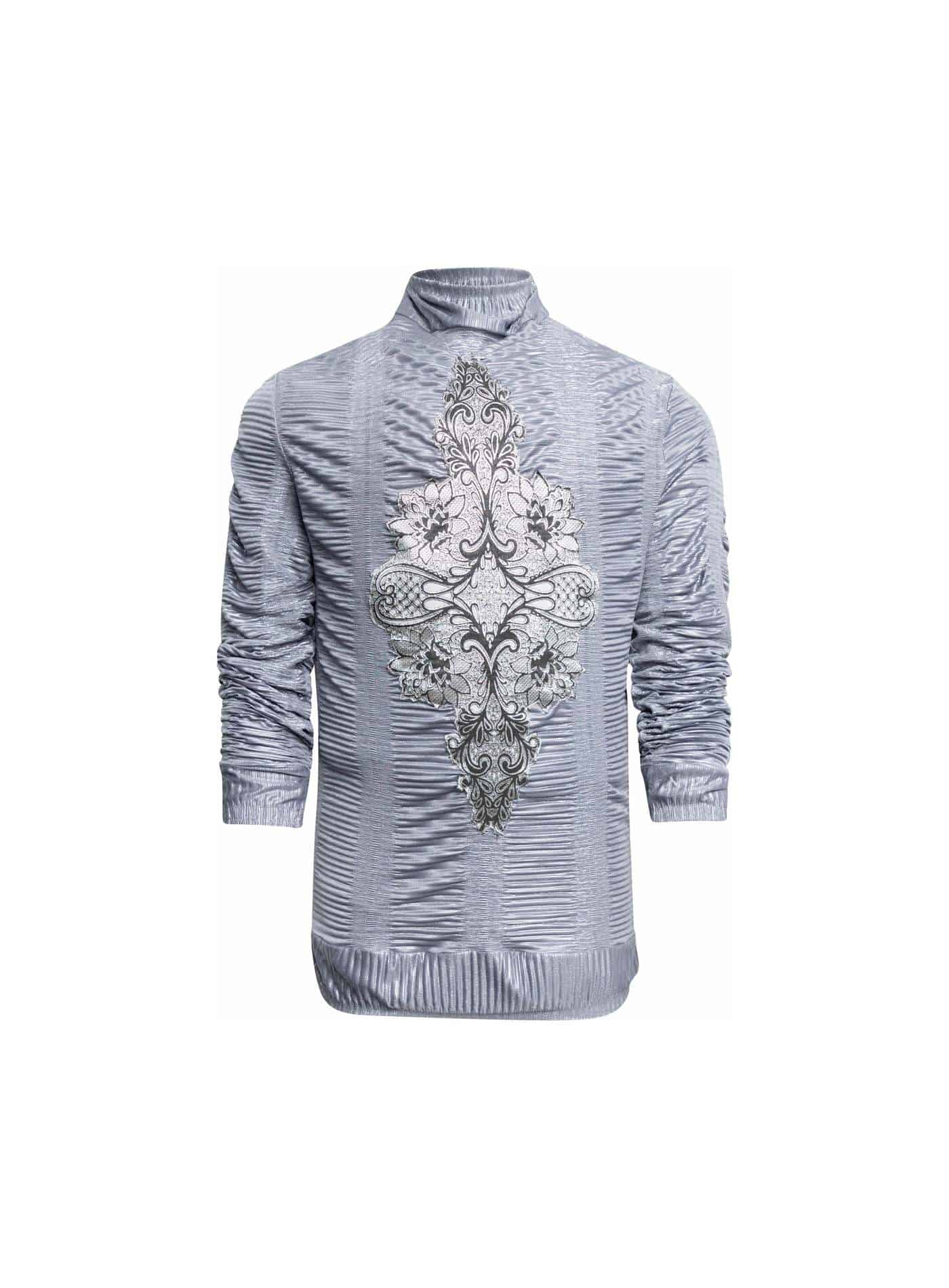 Metallic Silver Draped Top with Front Embroidery Designer menswear, designer top, HIS, long sleeve top, Men's Fashion, Menswear, Menswear Fashion, Men’s designer clothing, silver top, top, Unique Top Vidi Blak 