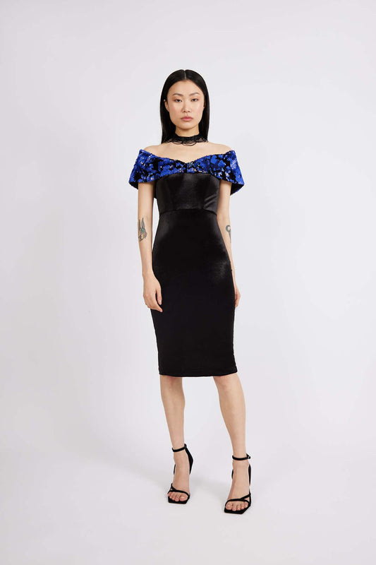 Velvet Cocktail Dress | Sequin Embellished Black Silk Velvet Cocktail Dress with Sequin Embellished Neckline, Couture Fashion, designer dress, dress, evening dress, eveningwear, formalattire, HERS, High-End Attire, luxuryfashion, Modern Classic, sequinembellishments, silkvelvetdress, Vidi Blak Collection, Women's Fashion, womenfashion, womenstyle Vidi Blak 