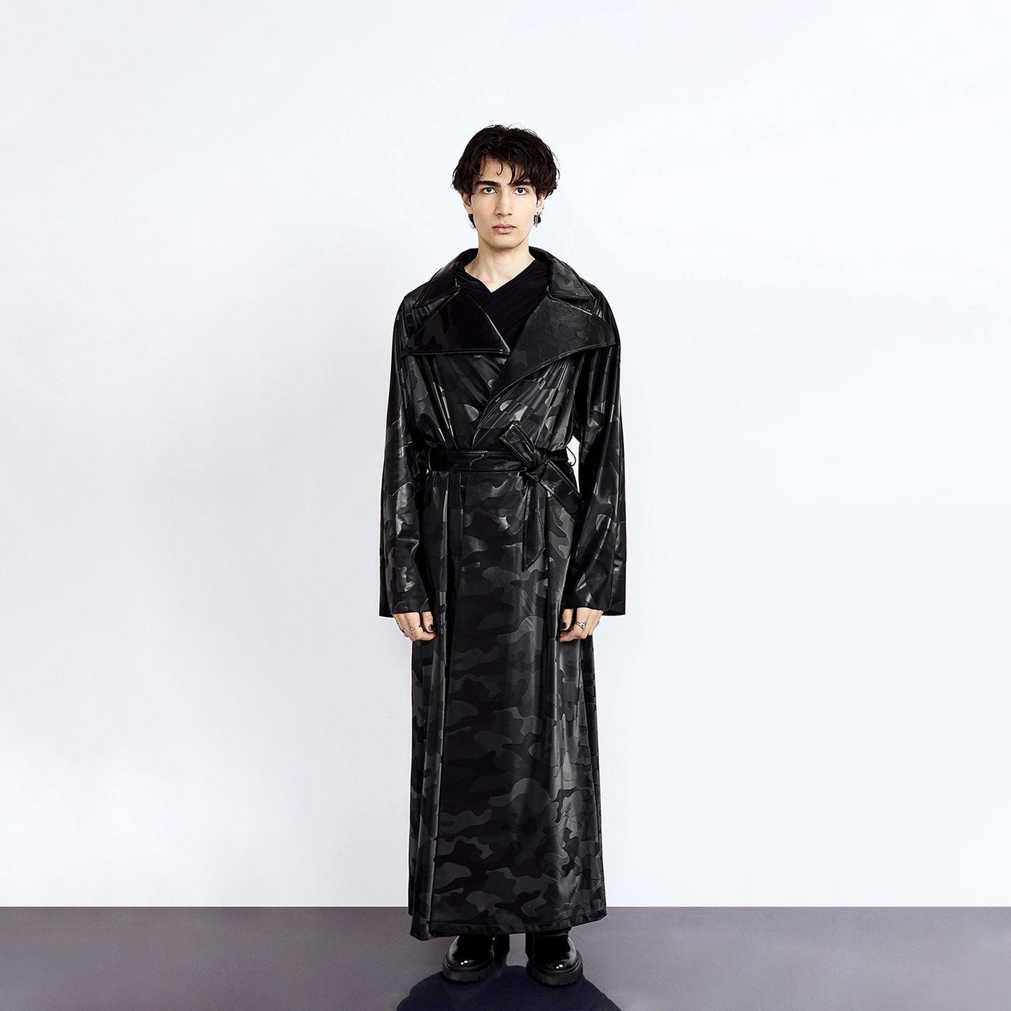 Black Camouflage Vegan Leather Waterproof Trench