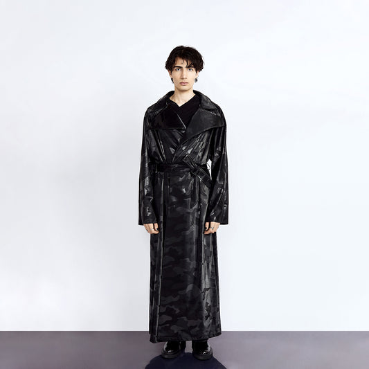 Black Camouflage Vegan Leather Waterproof Trench