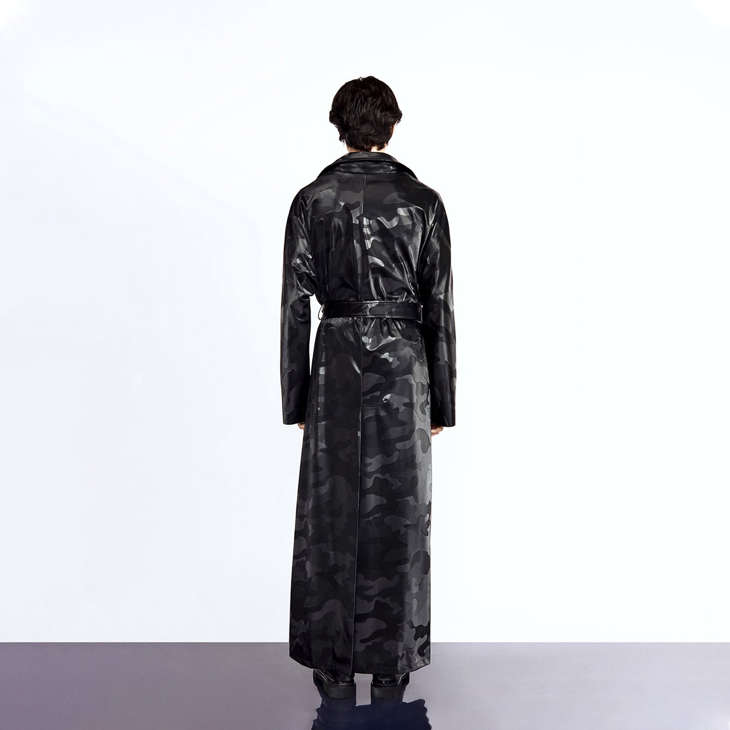 Black Camouflage Vegan Leather Waterproof Trench