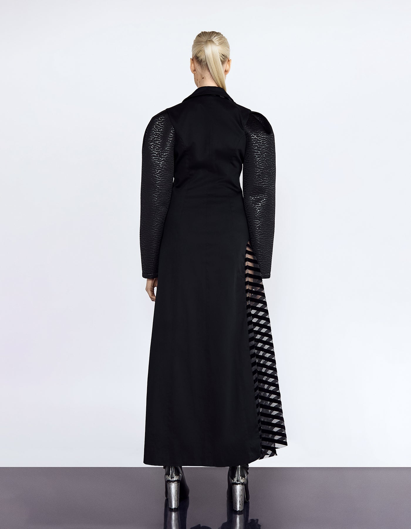 Tailored Evening Coat-Dress with Side Sheer Silk Jacquard and Velvet Stripe