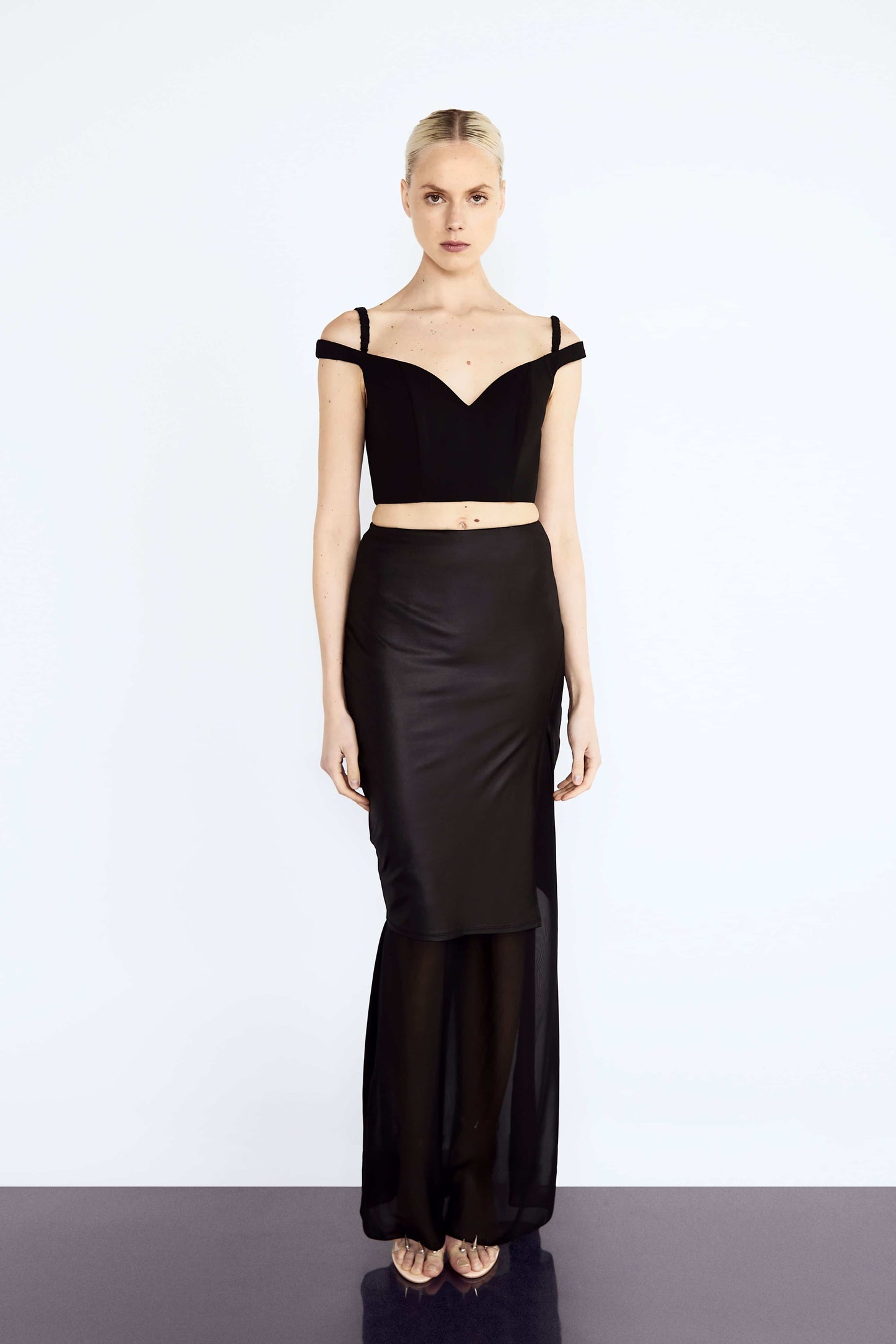 Vegan Leather and Chiffon Long Skirt in Sustainable Pineapple Leather - VidiBlak