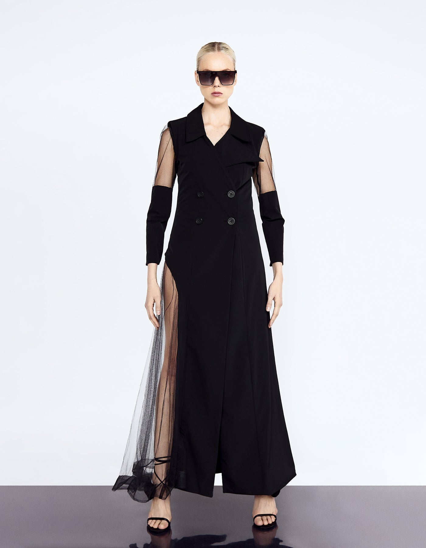 Formal Deconstracted Coat Tailored In Nylon And Tulle