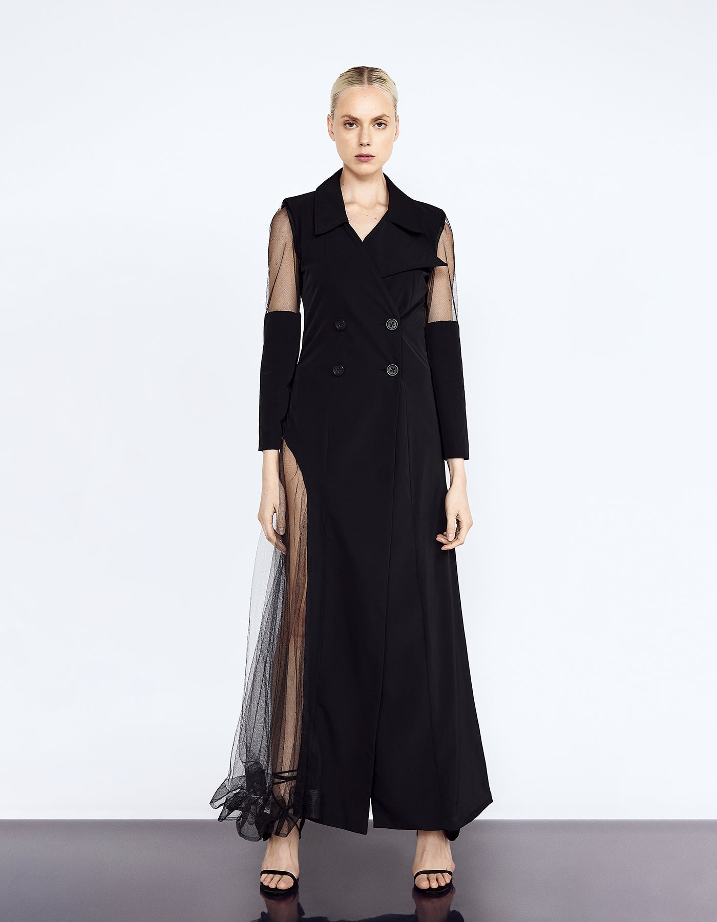 Formal Deconstracted Coat Tailored In Nylon And Tulle