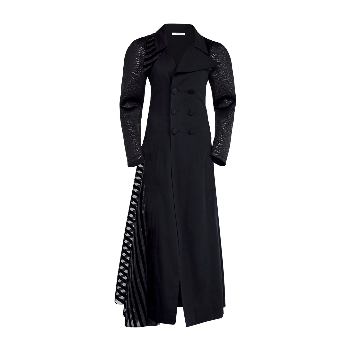 Tailored Evening Coat-Dress with Side Sheer Silk Jacquard and Velvet Stripe