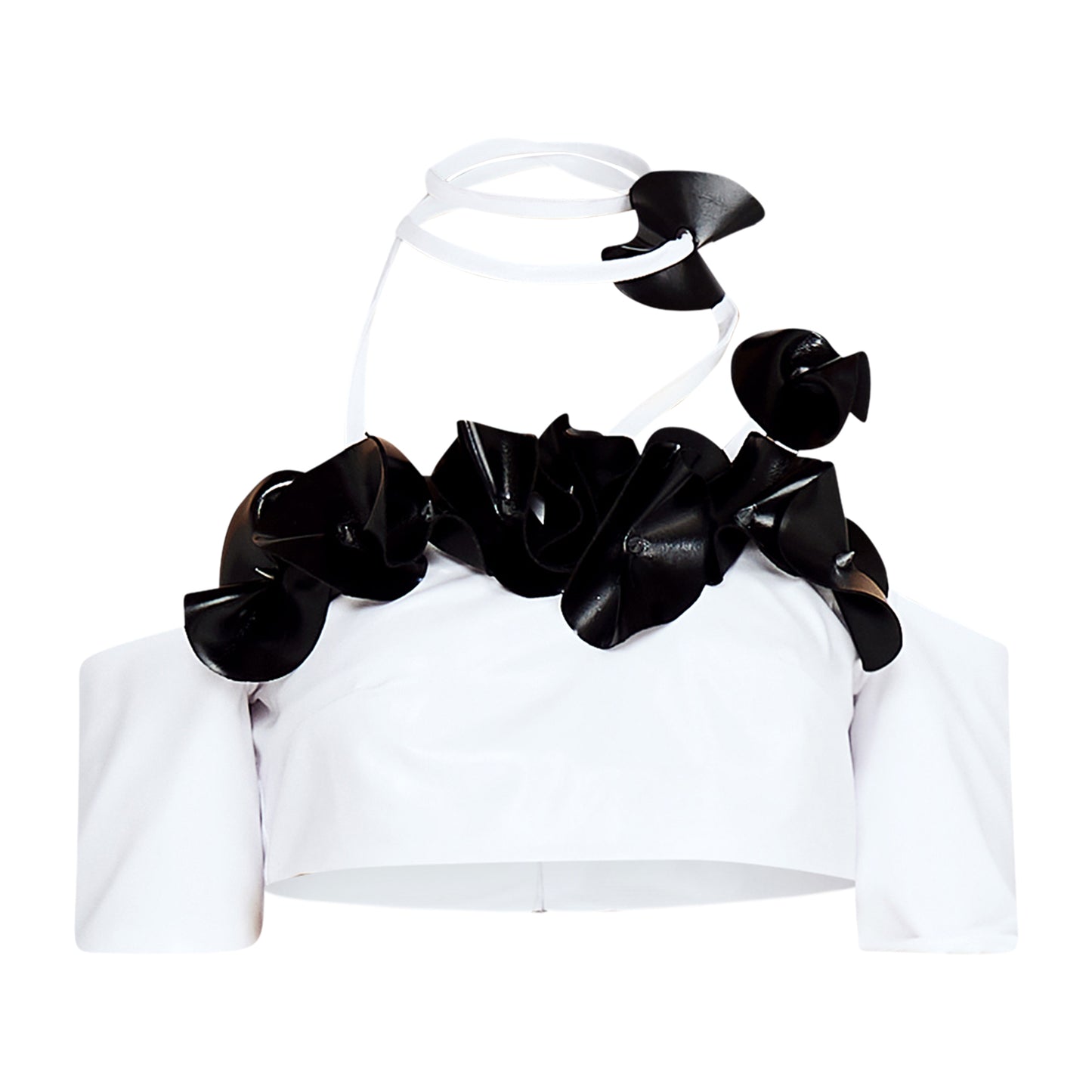 White PU and Black Flower Studded Top