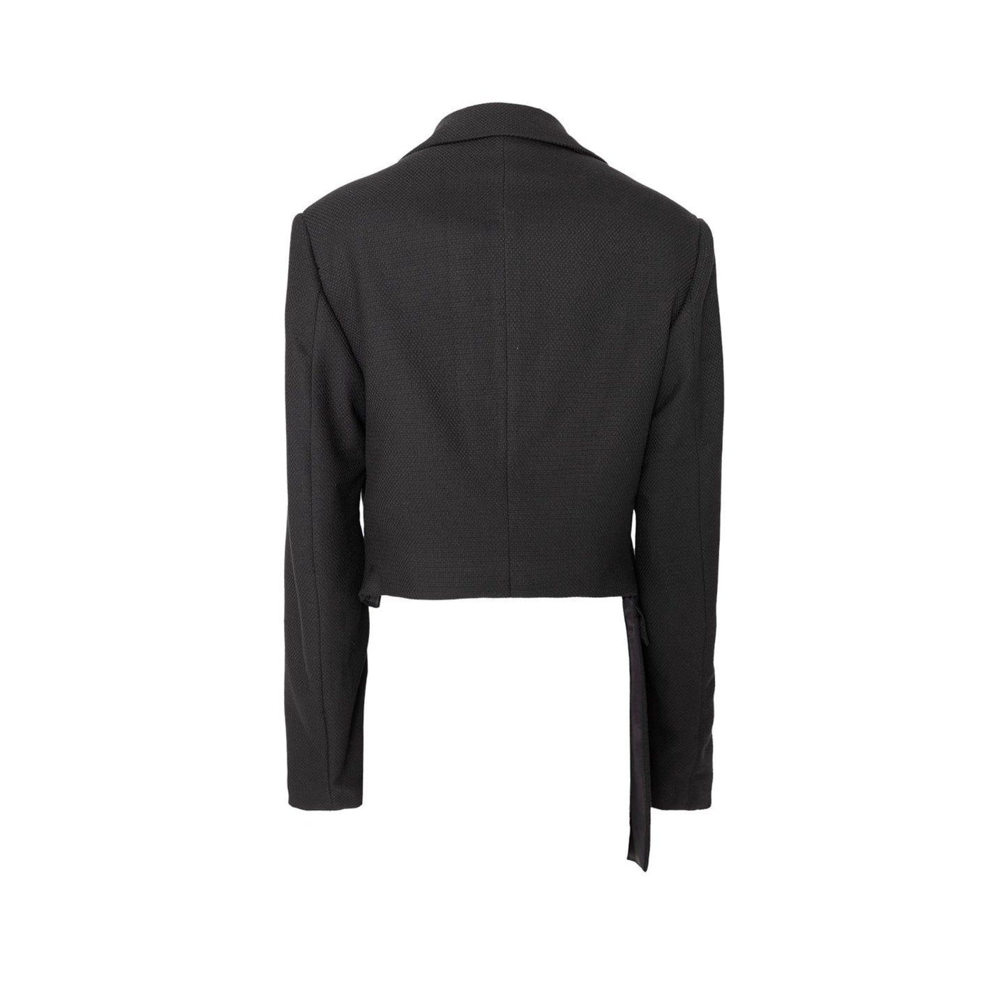 Black Asymmetrical Tailored Jacket: A Twist on Classic StyleTailored Black Wool Jacket is expertly crafted from textured gabardine. A wrap-around front adds an eye-catching twist to a traditional cut, creating the look of a w