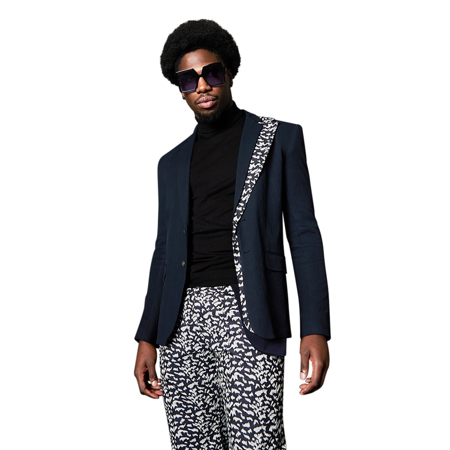 Vidi Blak HIS Navy Gabardine Jacket with l Leopard Print Lapel