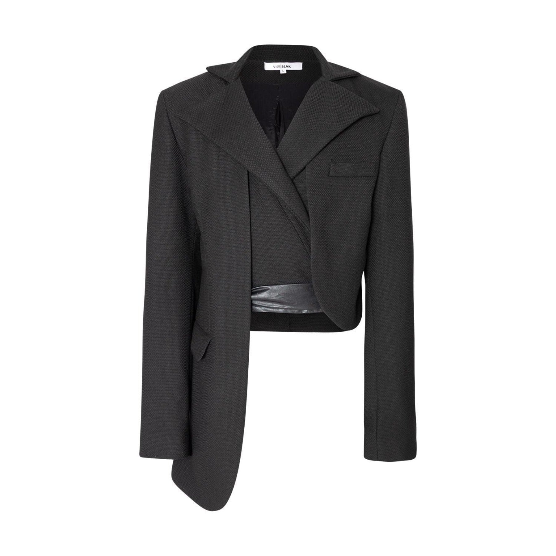 Black Asymmetrical Tailored Jacket: A Twist on Classic StyleTailored Black Wool Jacket is expertly crafted from textured gabardine. A wrap-around front adds an eye-catching twist to a traditional cut, creating the look of a w